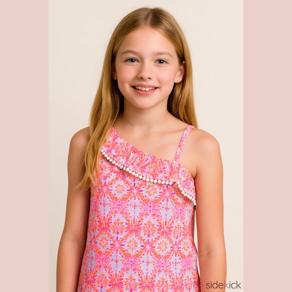 Arizona Jean Co Girls Tank Size Large 6 Fun Orange Pink One Shoulder Ruffle NEW - Picture 1 of 6
